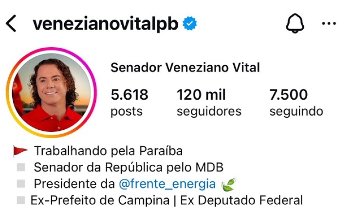 Com a marca de 120 mil, Veneziano  o Senador da Paraba com mais seguidores no Instagram